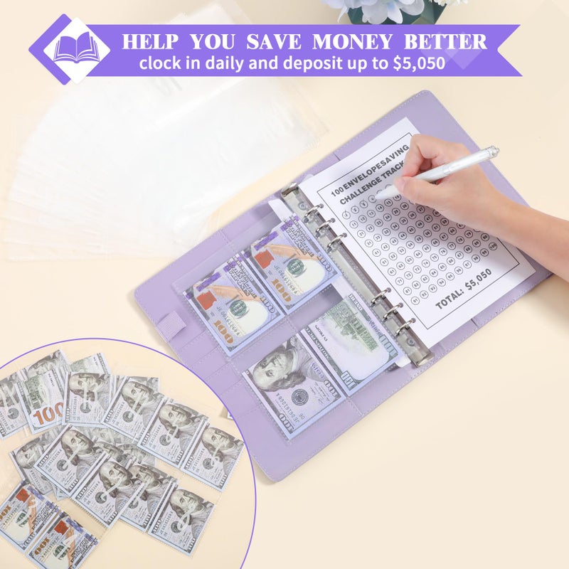 NICOOTH 100 Envelopes Money Saving Challenge Money Saving Binder 100 Envelope Challenge Binder Savings Binder Envelope A5 Savings Challenge Book (Purple) - Image 4